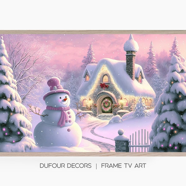 Samsung Frame TV Art, Christmas Snowman wearing Hat and Scarf Snowy Winter Cottage Scene, Instant Download, Samsung Art TV, Digital Download
