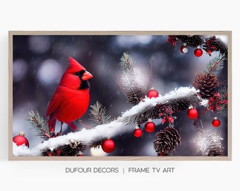 Samsung Frame TV Art, Christmas Red Cardinal Spruce Branch Ornaments Art, Instant Download, Frame TV Art, Samsung Art TV, Digital Download