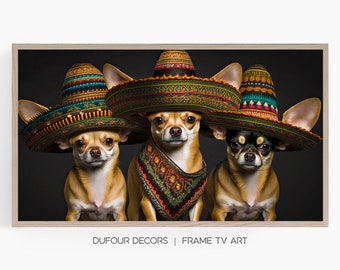 Three Chihuahua Dogs Wearing Sombrero Hats, Samsung Frame TV Art, Cinco de Mayo Decor, Instant Download, Samsung Art TV, Digital Download