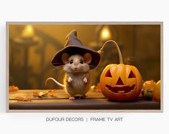 Halloween Mouse Wearing a Witch Hat , Samsung Frame TV Art, Adorable Hamster and Pumpkin, Instant Download, Samsung Art TV, Digital Download