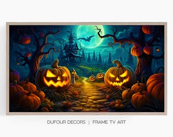 Spooky Halloween Scene, Samsung Frame TV Art, Pumpkins, Haunted House, Halloween Decor, Instant Download, Samsung Art TV, Digital Download