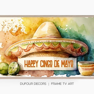 Gelukkig Cinco de Mayo aquarel met Sombrero en limoenen, Samsung Frame TV Art, Wall Decor, Instant Download, Samsung Art TV, digitale download