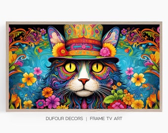 Psychedelic Hippie Cat, Samsung Frame TV Art, Instant Download, Vibrant Colors, Colorful Flowers, Cat Hat, Samsung Art TV, Digital Download