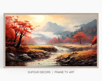 Misty Mountain Autumn Landscape Painting Art, Samsung Frame TV Art, Fall Decor, Stream, Instant Download, Samsung Art TV, Digital Download