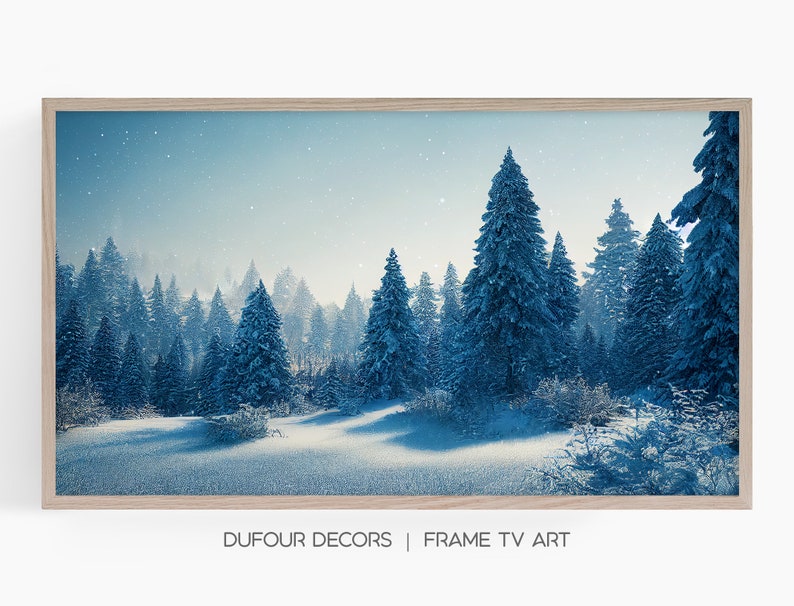 Samsung Frame TV Art, Snowy Pine Trees Landscape Art, Instant Download, Winter, Forest, Sky, Frame TV Art, Samsung Art TV, Digital Download image 1