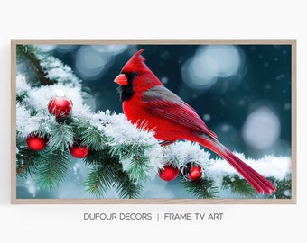 Samsung Frame TV Art, Christmas Red Cardinal Spruce Branch Ornaments Art, Instant Download, Frame TV Art, Samsung Art TV, Digital Download