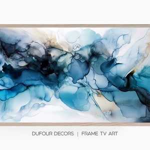 Abstracte blauwe en grijze vloeibare alcoholinktkunst, Samsung Frame TV Art, Modern Wall Decor, Cool Color Tones, Instant Digital Download, 4K TV