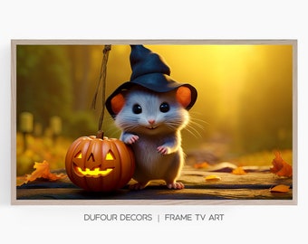 Halloween Mouse Wearing a Witch Hat , Samsung Frame TV Art, Adorable Hamster and Pumpkin, Instant Download, Samsung Art TV, Digital Download