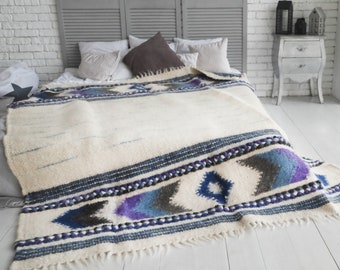 Hand Woven Wool Blanket: Hutsul Organic Bedspread, Sofa Throw