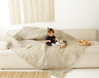 Chunky Raw Wool Blanket: Beige Woven Weighted Throw