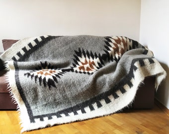 Hand Woven Wool Throw Blanket: Aztec Tribal Design Blanket