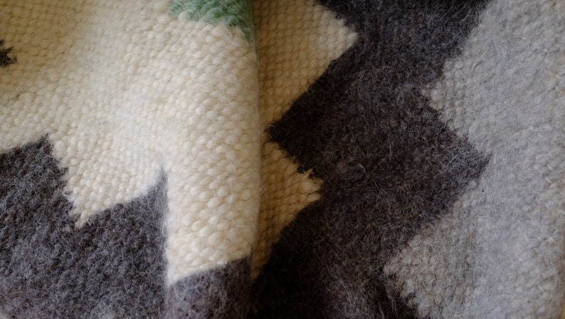 May include: Close-up of a white and gray woven rug with a geometric pattern. The rug is made of soft, fluffy fibers and has a textured surface.