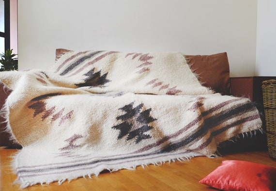 Hand Woven Wool Blanket Queen: Aztec Throw, Chunky Knit Bedspread, Heavy Throw