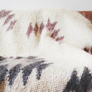 May include: A white throw blanket with a geometric pattern in shades of brown and pink. The blanket is woven with a textured, fuzzy surface.