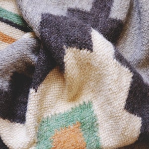 May include: A close-up of a woven rug with a geometric pattern in shades of gray, white, green, and orange. The rug is made of wool and has a soft, textured surface.