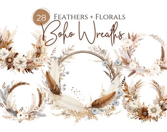 Boho Floral Wreath Clipart | Boho Floral Wreath, Feather Clipart, Wreath png, Flowers and Feathers, Boho Card, Transparent pngs