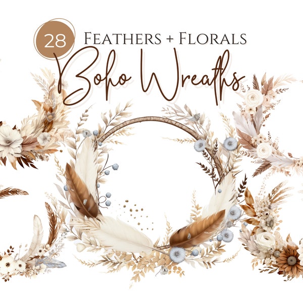 Boho Floral Wreath Clipart | Boho Floral Wreath, Feather Clipart, Wreath png, Flowers and Feathers, Boho Card, Transparent pngs