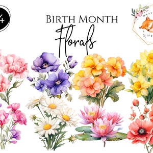 Clipart Birthflower, Kwiaty miesiąca urodzenia, Akwarela, Clipart miesiąca urodzenia, Pakiet kwiatów png, przezroczyste kwiaty PNG, Użytek komercyjny