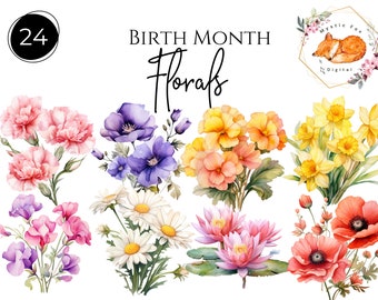 Birthflower Clipart, Birth Month Flowers, Watercolor, Birth Month Clipart, Flower png Bundle, transparent PNG flowers, Commercial Use