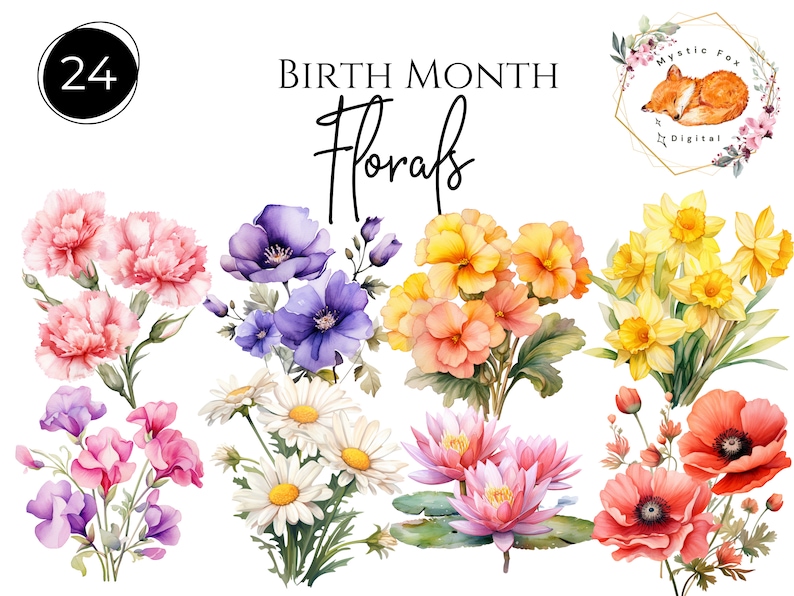 May include: A set of 24 watercolor illustrations of birth month flowers. The flowers are arranged in bouquets and include carnations, anemones, primroses, daffodils, water lilies, poppies, and sweet peas.