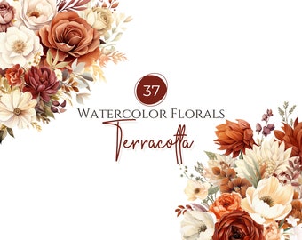 Terracotta Flower | Watercolor Floral Clipart, Burgundy Flower, Watercolor Flowers, DIY Invitation, Transparent pngs, Commercial Use Clipart