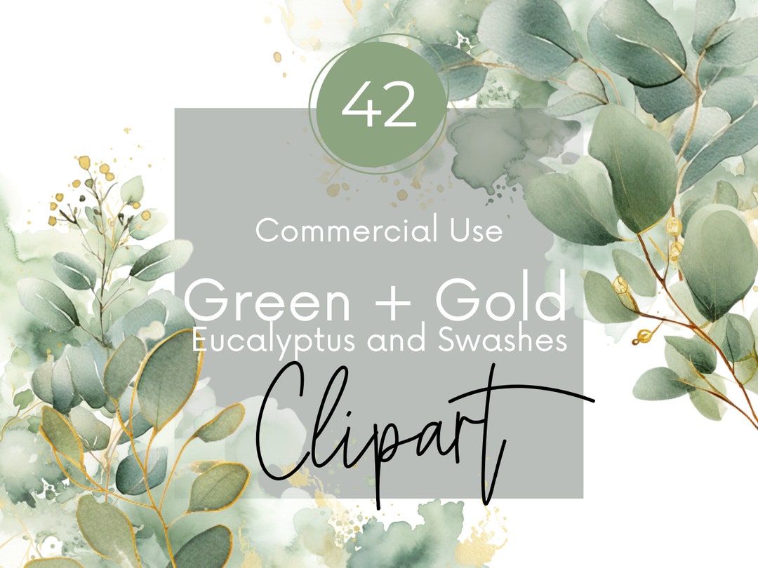 Watercolor Greenery, Sage Green + Gold Eucalyptus Clipart, Flowering ...