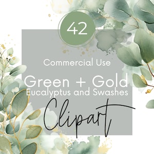 Aquarell Grün, Salbei Grün + Gold Eukalyptus Clipart, blühender Eukalyptus, transparente PNG, kommerzielle Nutzung Clipart
