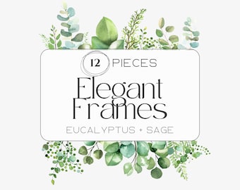 Clipart di cornici verdi / Corona di eucalipto, clipart di bordo floreale, salvia ed eucalipto, png trasparente, clipart per uso commerciale