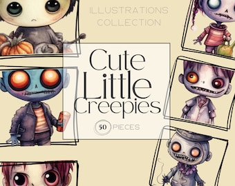 Cute Halloween Characters Clipart | Clipart Bundle of 50, Halloween Clipart png Bundle, Cute and Creepy, Spooky Characters, Transparent pngs