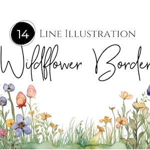 Clipart de borda floral em aquarela, moldura ilustrada de flores silvestres, pacote de clipart de 14 peças, pngs transparentes, clipart de uso comercial