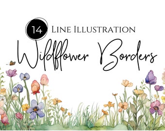 May include: A digital illustration of 14 line art wildflower borders. The borders feature a variety of wildflowers in shades of pink, purple, yellow, and blue. The flowers are arranged in a whimsical, flowing pattern.