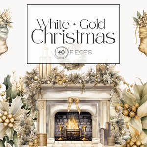 White and Gold Christmas Clipart | Holiday Clipart, Christmas Holiday Clipart, White Christmas Art, Rustic Christmas, Transparent pngs