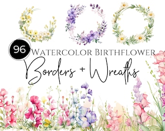 Birth Month Flowers Borders and Wreaths, Birthflower Clipart, Birth Month Flowers, Birthmonth wreaths, Birthmonth Border Clipart, 96 Pieces