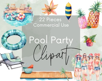 Pool Party clipart, zwembad clipart, zonnebril clipart, zomer clipart, instant download digitale bestanden, commercieel gebruik clipart png-bestanden