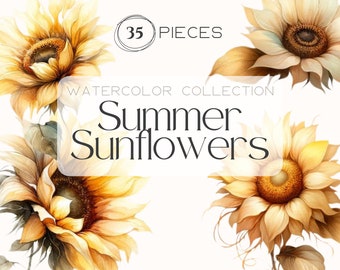 Aquarell Sonnenblume | Floral png Clipart, Sommer Sonnenblumen, Sonnenblumen Grafiken, Aquarell Blumen Grafiken, 35 Stück, Transparente PNG