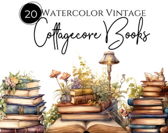 Watercolor Cottagecore Book Books Clipart | 20 Transparent PNGs, Commercial Use Clipart, Floral Book Clipart, Vintage Book Clipart