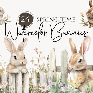 Bunnies Watercolor Clipart, Watercolor Bunny Rabbit Clipart, Bunnie Watercolor Clipart, Vintage Bunny Clipart, Commercial Use Clipart Bundle