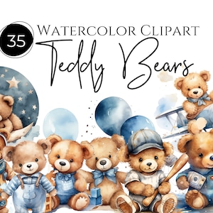 Aquarell Teddy Bär Clipart | Teddybär Babyshower, 35 Stück, transparente png, Kommerzielle Nutzung Clipart, Baby Jungen Teddybär Clipart