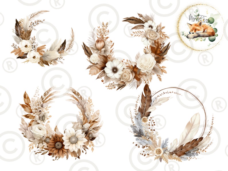 Boho Floral Wreath Clipart | Boho Floral Wreath, Feather Clipart ...