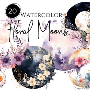 Watercolor Floral Moon Clipart, Florals and Celestial Moons Clipart, 20 Piece Bundle, Transparent pngs, Commercial Use Clipart