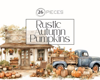 May include: A watercolor illustration of a rustic farmhouse with a porch and a pickup truck filled with pumpkins. The truck is blue and has a wooden bed. The farmhouse is white with brown trim and has a brown roof. There are pumpkins and fall foliage around the truck and farmhouse. The text "26 PIECES" is in a circle above the farmhouse.