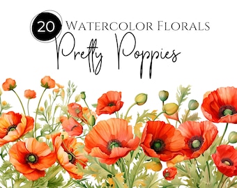 Poppy Flower Clipart, Clipart Poppy, Watercolor Poppies, Transparent png, Commercial Use Clipart, Downloadable Clipart Bundle