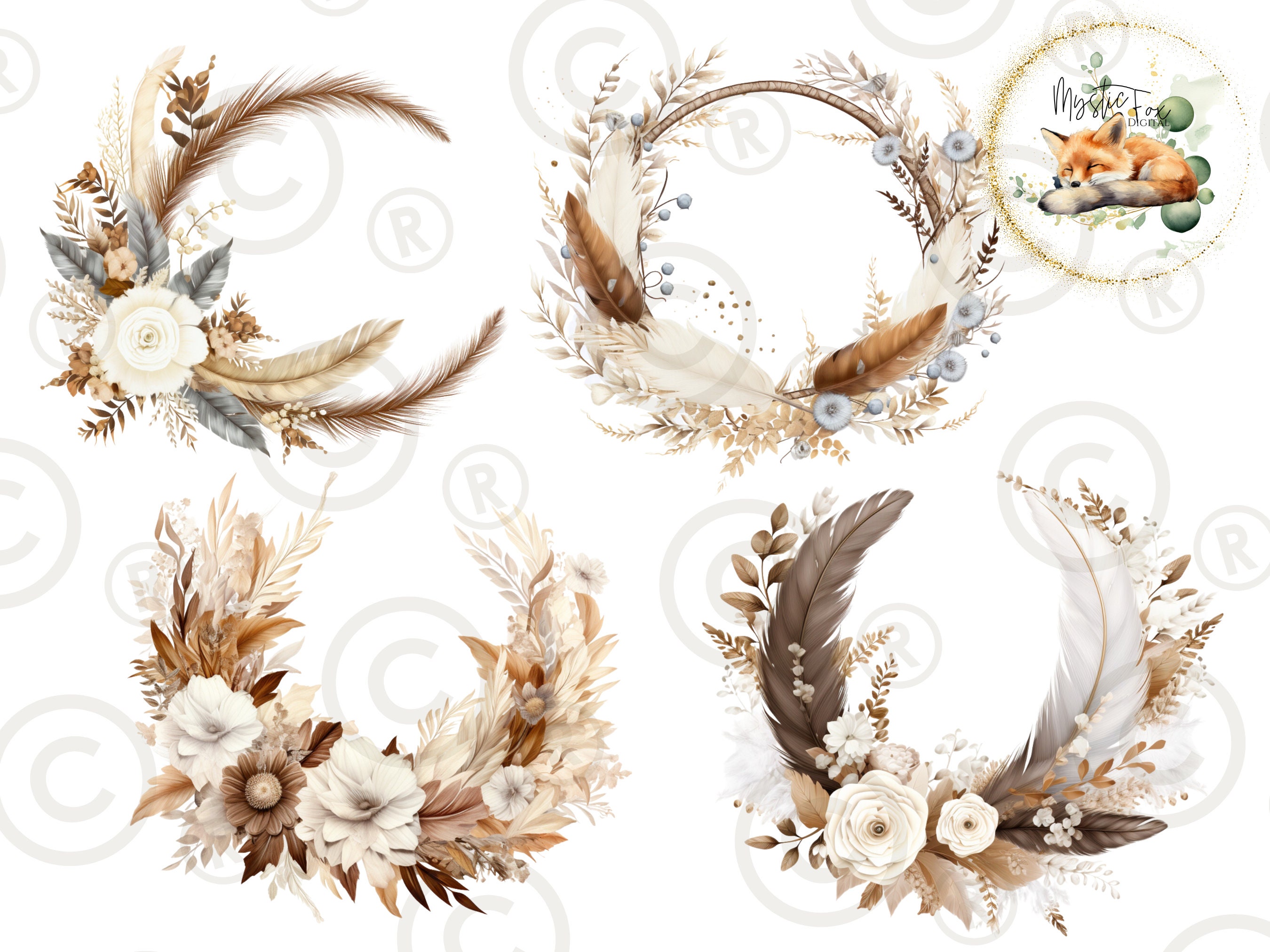 Boho Floral Wreath Clipart | Boho Floral Wreath, Feather Clipart ...