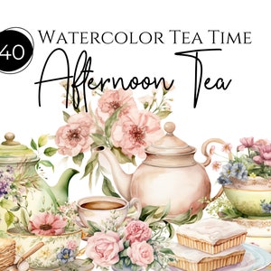 Clipart del tè / Clipart della tazza da tè dell'acquerello, 40 png trasparenti, clipart per uso commerciale, Vintage Tea Party