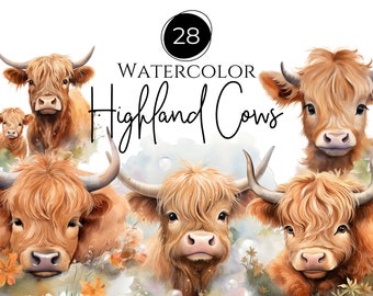 Highland Cow png, Cow Clipart, Watercolor highland cow, Floral Cow, Transparent png, commercial use clipart