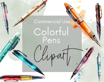 Pen Clip Art, Watercolor Pens Clipart, 30 Image Bundle, Colorful Pen Clipart