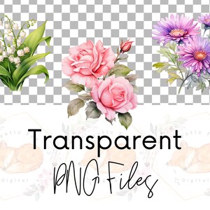 May include: Three watercolor floral bouquets with a white background. The bouquets feature pink roses, white lilies of the valley, and purple asters.
