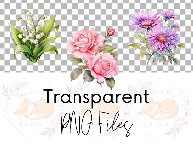 May include: Three watercolor floral bouquets with a white background. The bouquets feature pink roses, white lilies of the valley, and purple asters.