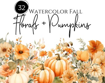 Clipart herfstbloemen en pompoen | 32 herfstbloemen, aquarel herfst clipart, pompoenen en bloemen, herfst clipart, herfst png, commercieel gebruik