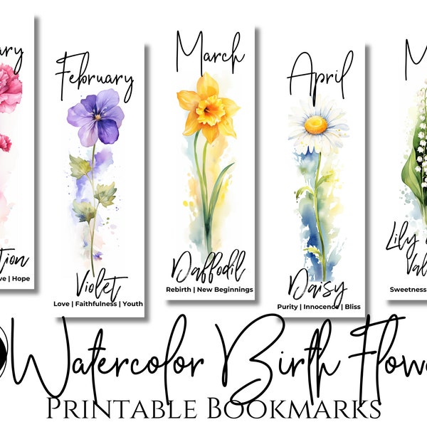Birthflower Bookmark | Bookmark Printable, 12 Birth Month Flower Bookmarks, Print and Cut, Gifts for Book Lovers